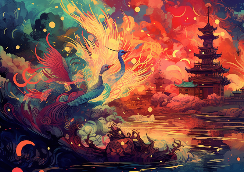 凤凰晚霞火光古建筑国潮节日背景插画,插画/手绘图,插画/手绘图库,插画/手绘图下载,插画/手绘